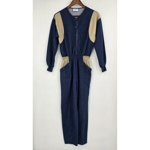 Vintage 80s Active Wear Jumpsuit Womens M Blue Tan Colorblock Snap Front